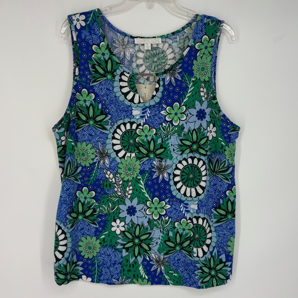 Juniper Lime Womens XL Rib Knit Tank Top Blue Green Modern Floral Silver Accent